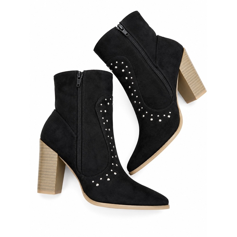Lulus Blonby Black Faux Suede Studded Ankle Booties Pointed Toe Block Heel Sz 8